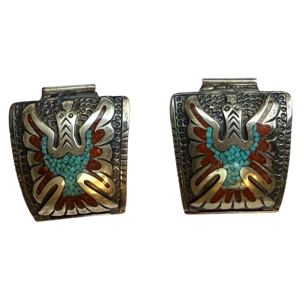 RARE Native American Thomas Singer Turquoise Coral Silver Watch Ends TIPS